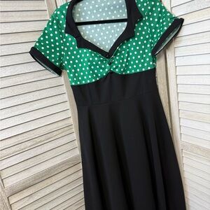 Green Polka Dot and Black Vintage Style Cocktail Dress. Perfect for Halloween